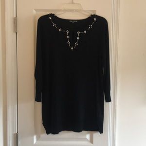 Black knit 3/4 sleeve sweater with beaded collar. Cable & Gage. Tunic length